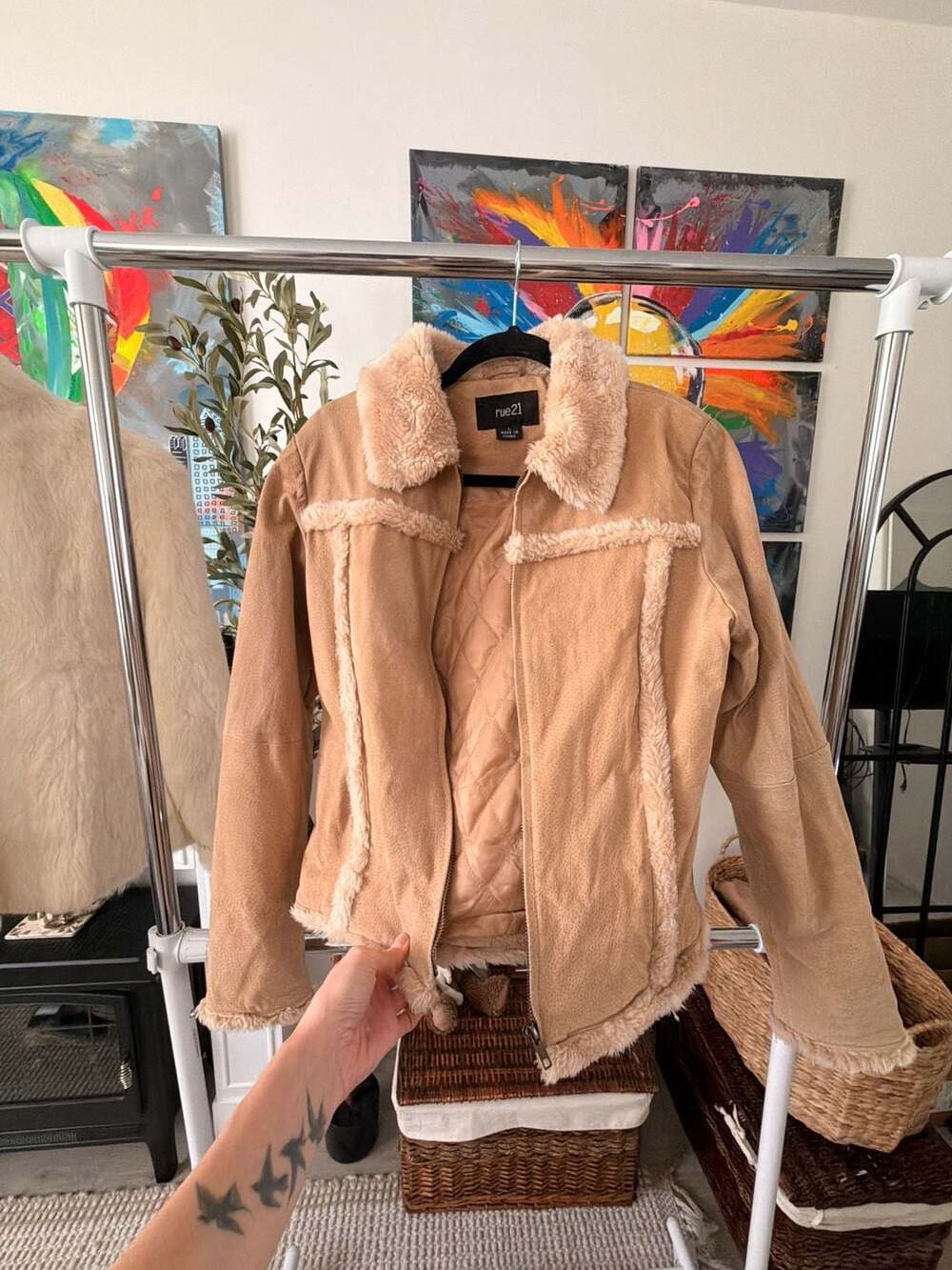 Y2K Penny Lane Genuine Leather Faux Fur Trim Fall Bohemian Jacket Size L